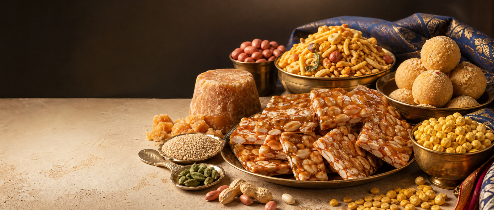 Traditional Indian chikki, roasted chana, ladoos, namkeen, jaggery and spices