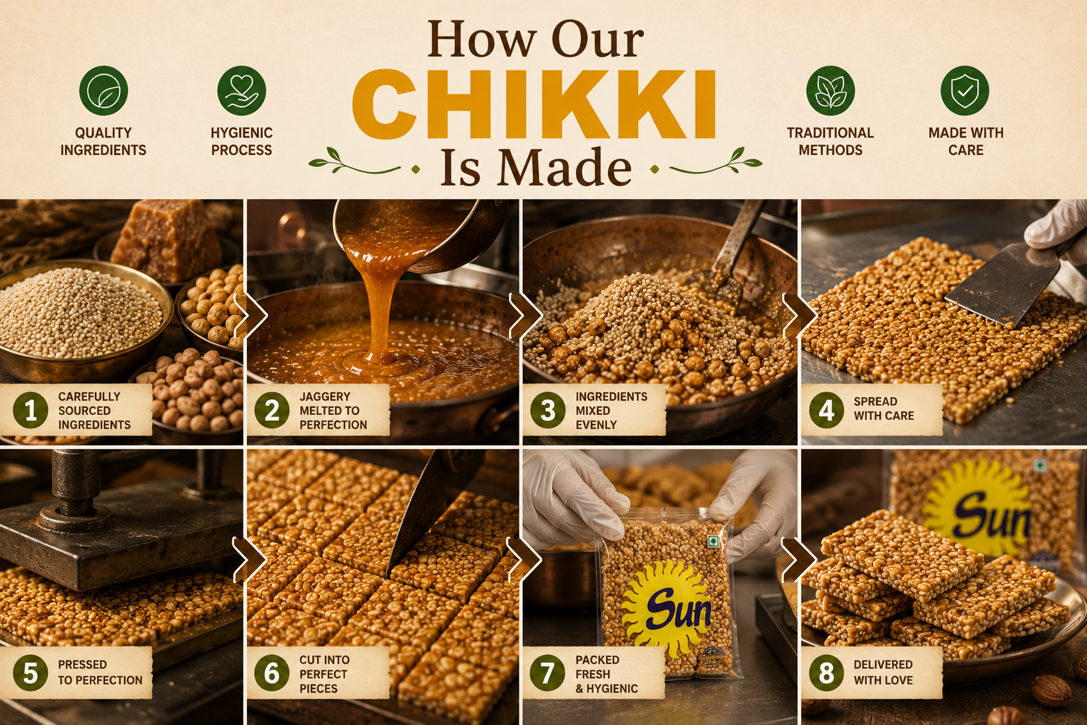 The step-by-step process of making Sun Products chikki