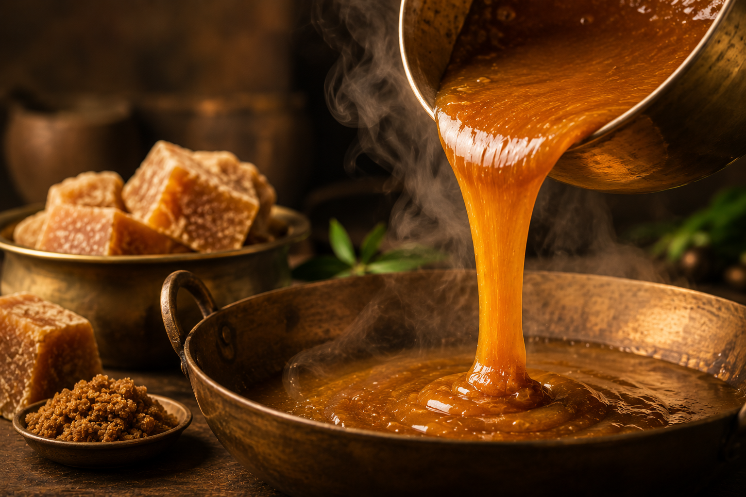 Warm melted jaggery being poured during traditional snack preparation
