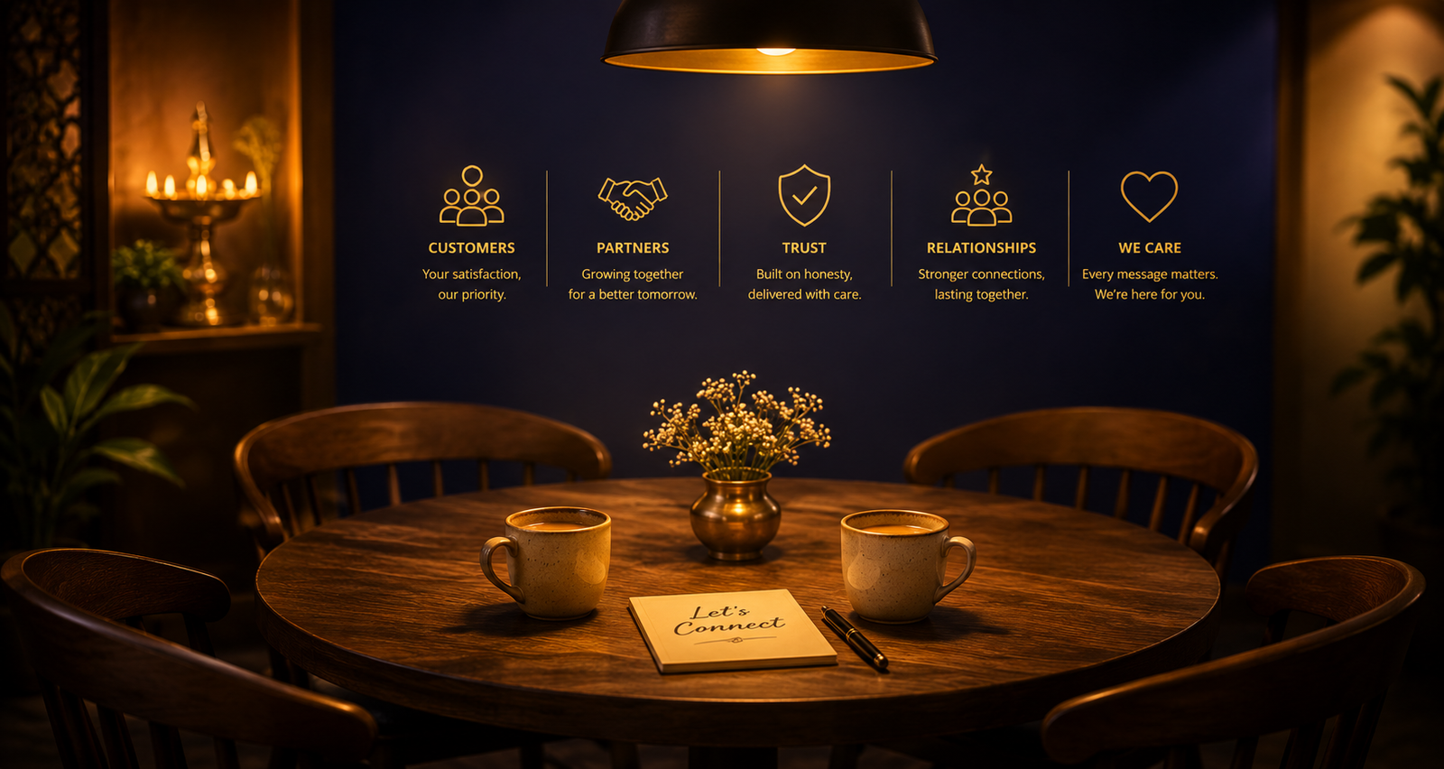 Warm meeting table representing customers, partners, trust, relationships, and care