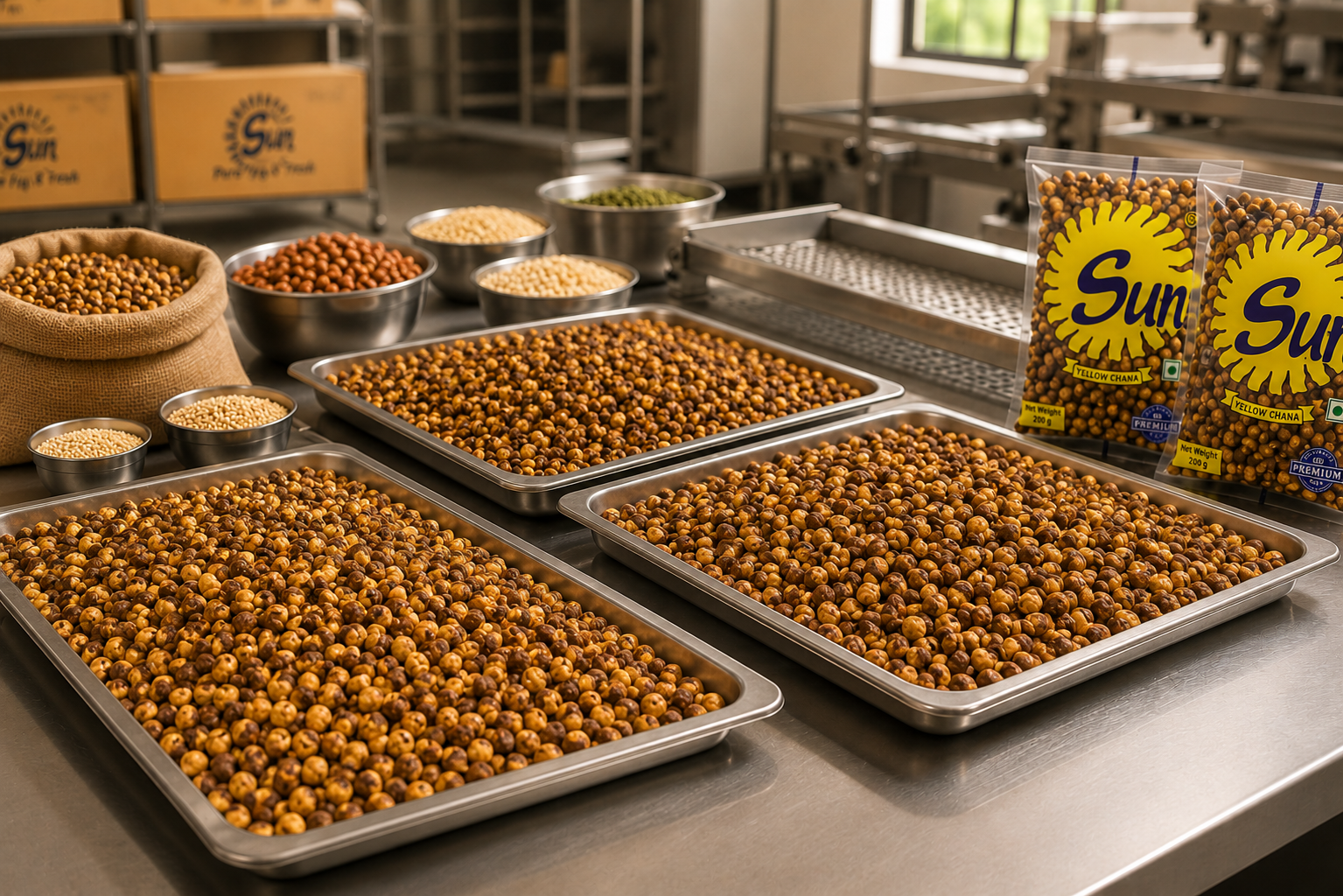 Clean snack preparation area with roasted ingredients and sealed packs
