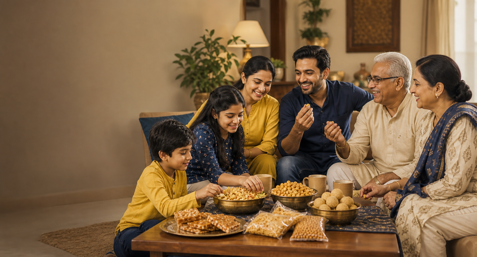 Family sharing traditional Indian snacks together
